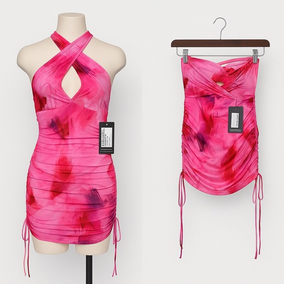 Pink Abstract Print Slinky Cross Halterneck Detail Bodycon - Picture 1 of 4